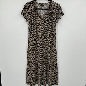 Talbots Women's Size‎ M Leopard Print Midi Dress Ruffled Neck Short Sleeve